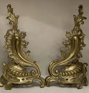 Pair Of Vintage French Louis XV Rococo Ornate Brass Fireplace Andirons - Picture 1 of 8