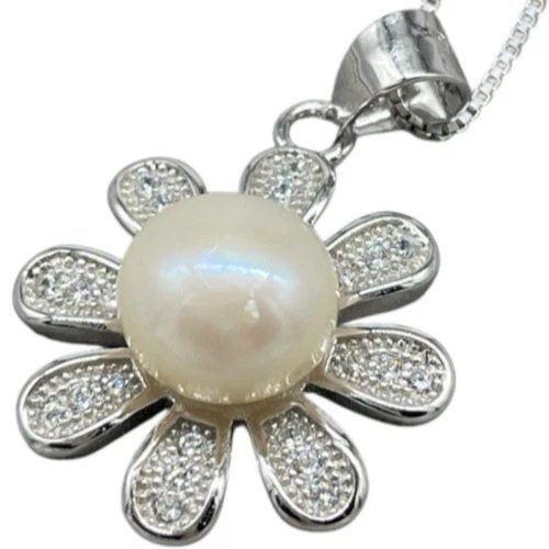 Collana Donna Argento 925 rodiato con Margherita fiore di perla laccetto e charm - Immagine 1 di 4