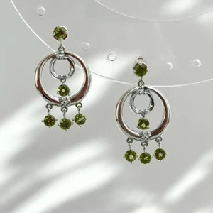 Sterling Silver Green Rhinestone Chandelier Style Hoop Boho Retro Earrings - Imagen 1 de 10
