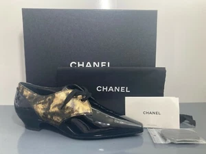 NIB CHANEL 18K Black Gold Laminated Goatskin Patent Leather Lace up Oxfords 39.5 - Picture 1 of 11