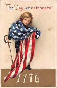 CLAPSADDLE EMBOSSED 4TH OF JULY PC, CHILD, FLAG, SWORD, INT'L ART PUB, used 1912 - Picture 1 of 3