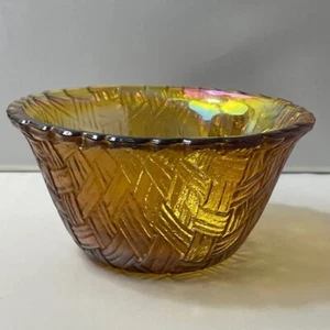 Vintage Indiana Glass Iridescent Amber Carnival Glass Basket Weave Bowl Small - Picture 1 of 7
