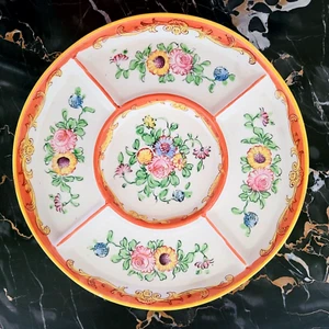 Divided Ceramic Dish Summer Flower Brightly Colored Floral 1950s 1960s Japan - Picture 1 of 24