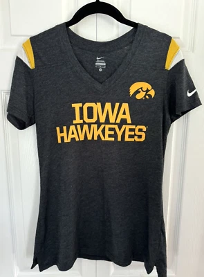 IOWA HAWKEYES Women's Medium Short Sleeve V-Neck T Shirt Black Gold Nike Logo - Image 1 of 4