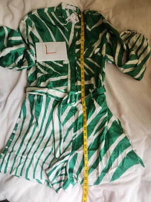 Mango Mng Geometric Print Romper Sz L Pockets White/green NWT - Image 1 of 4