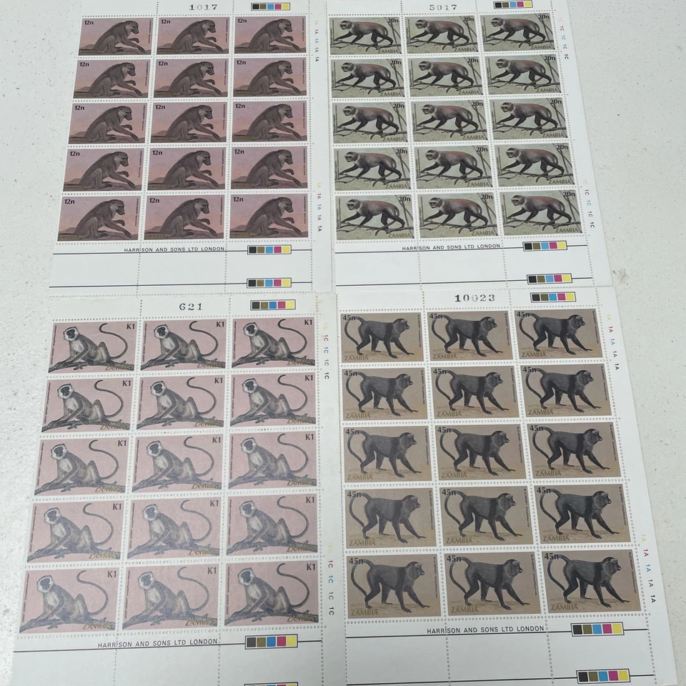 1985 Zambia Stamps Sheets (4) Monkeys. 60 Stamps.  - Image 1 of 4