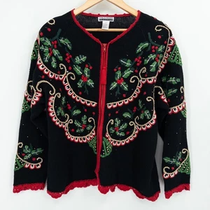 Vintage 90er Weihnachtspullover Strickjacke Damen M bestickt Stechpalme schwarz ausgefallen - Bild 1 von 9
