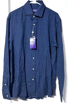 Новый с Ярлыками Ralph Lauren фиолетовый ярлык 100% льняной саржи рубашка L темно-синий Италии $450 - Изображение 1 из 4