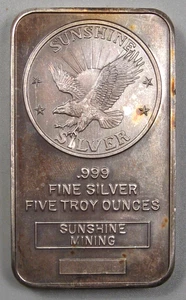 Vintage SUNSHINE Minting Company 5 Troy oz .999 Silver Toned Bar. - Imagen 1 de 10