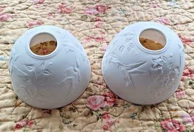 Set of Two Bisque Porcelain Lithophane Hummingbird Fairy Light Dome Shades - Image 1 of 4