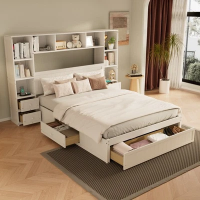 Queen Size Pine Wood Platform Bed with All-In-One 2Nightstand, Storage Shelf and - Image 1 of 4