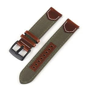 Nylon Watch Bands Cowhide Genuine Leather Wristwatch Straps Belt Part Green 24mm - Picture 1 of 5
