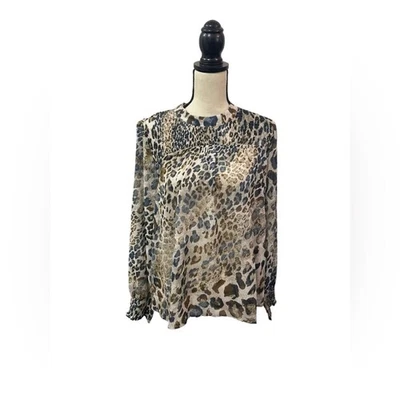 Leopard Print Ruffle Hem Blouse Top Large Long Sleeve NEW NWT - By Mystree Metal - Image 1 of 4