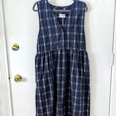 VTG Oshkosh V-Neck Button Down Dress Womens 10 Plaid Denim Blue Pleated Waist - Image 1 of 4