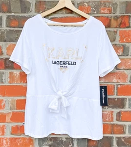 Karl Lagerfeld Paris weißes T-Shirt gold & schwarz - Perlen & vorderer Knoten M Top neu mit Etikett - Bild 1 von 4