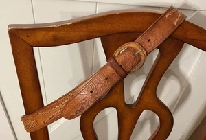Mexican Vintage 70's Leather Belt BRAIDED TOOLED STAINED Buckle Western Hippy 36 - Picture 1 of 17