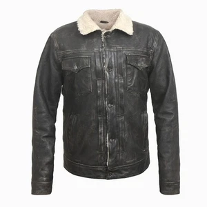 Men Classic Trucker Jacket in vegetable-tanned Lamb leather Fur Collar Coat - Picture 1 of 5