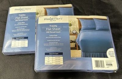 Mainstays Twin Flat Sheets~2 Pks~200 Thread Count Cotton Cottage Blue 66" x 96" - Image 1 of 4