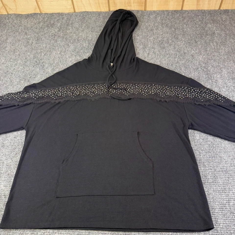 Moletom com capuz Vocal preto strass acabamento em renda estilo 22074L GG gótico EUA - Imagem 1 de 4