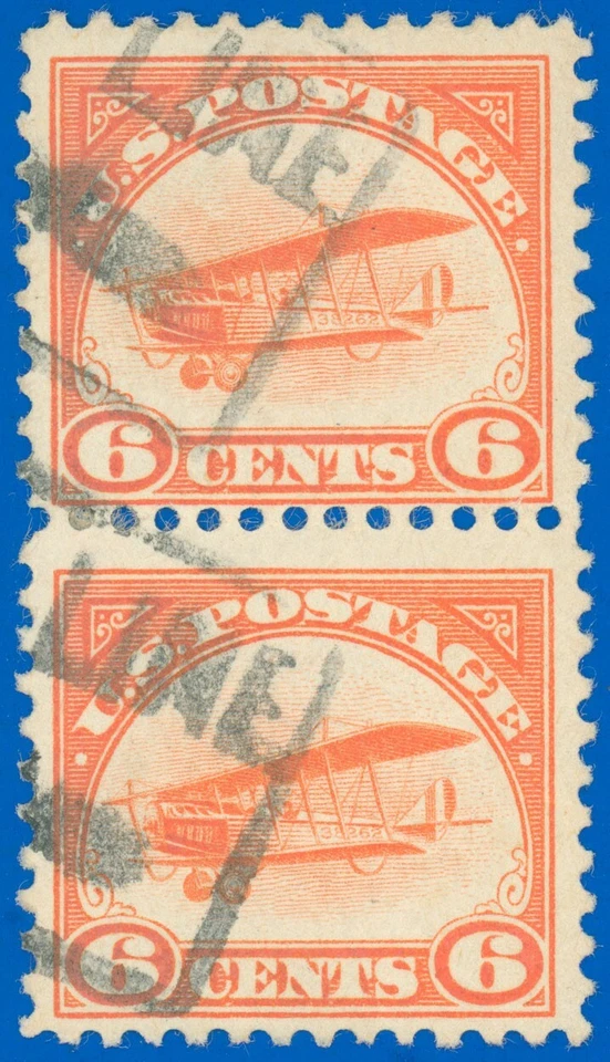 US Scott #C1 Airmail Pair, Used-Fine w Boxed "LINE" Cancels, SCV $60.00+ (SK) - Image 1 of 1