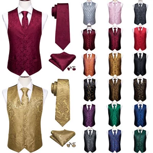 Mens Yellow Navy Paisley Vest Suit Waistcoat Hanky Cufflinks Tie Set Business - Picture 1 of 205