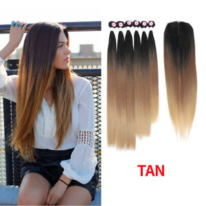 Synthetic Weaving Bundles with 4*4 Closure Lace Ombre Natural Straight Extension
