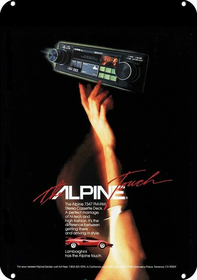 Lamborghini Car & Alpine 7347 Car Stereo 1984 **Réplica decorativa de letrero metálico** Foto 1 de 1