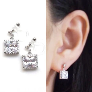 Dangle Silver Cubic Zirconia CZ Crystal Square Drop Invisible Clip On Earrings - Picture 1 of 12