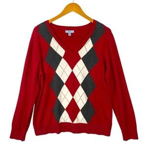 IZOD Damen Strickpullover XL rot Argyle Print V-Ausschnitt Langarm Pulli - Bild 1 von 9