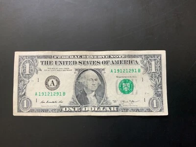2013 $1 DOLLAR BILL A19121291B Fancy number - Image 1 of 4