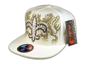 Fleur-de-lis on White Flat Brim Hip Hop Hat Jewels from Pit Bull - Picture 1 of 4