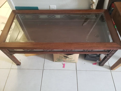KINDEL Tea Table Carved Mahogany Glass Display 48x23x19" Vintage Local pickup! Cover