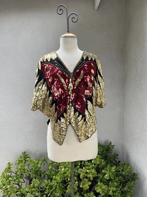 Vtg Festival Top sequins butterfly gold black burgundy Medium - Image 1 of 4
