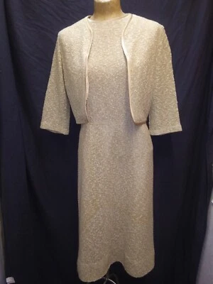 Conjunto de vestido y chaqueta vintage de rayón tejido blanco tostado años 60 talla M/L Foto 1 de 4