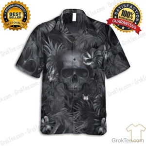 Tropical Gothic Skull Hawaiian Shirt Dark Floral Grunge Punk Rock Beachwear Tee - Picture 1 of 7