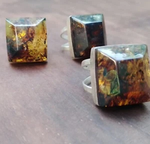 Large Amber silver ring blue green natural untreated costume jewelry - Bild 1 von 14