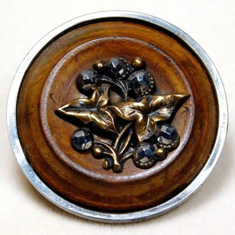 LARGE Antique Vtg BUTTON Brass ARROW Leaves on Wood in a Steel Cup NICE! Cover