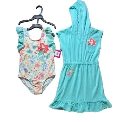 Nuevo con etiquetas Traje de baño y encubrimiento de Disney para niñas 6/7 verde azulado Ariel de una pieza con capucha volantes lindo Foto 1 de 4