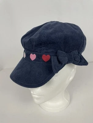 Gymboree Hearts & Bow Navy Blue Sz 5-7 Corduroy Pageboy Cap Hat Cotton Cute Fun - Image 1 of 4