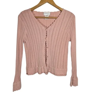 Vtg Chadwicks Cotton Blend Ribbed Pointelle Cardigan Power Pink Ballerina Large - Picture 1 of 8