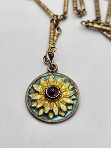 Collier pendentif grenat tournesol émaillé finition or argent massif vintage 20" - Photo 1/15