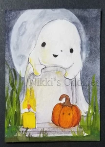 Aceo Original Painting Halloween Ghost Pumpkin Graveyard Candle Cute Moon Nikki - Picture 1 of 1