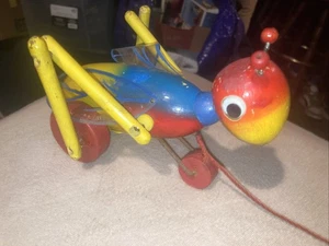 Vintage 1970s Wooden Pull Along Toy Cricket- vintage wooden toys-makes Sounds - Picture 1 of 8