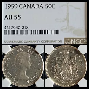 1959 Canada 50 Cents NGC AU 55 About Unc Silver Queen Elizabeth 50c Coin - Picture 1 of 3