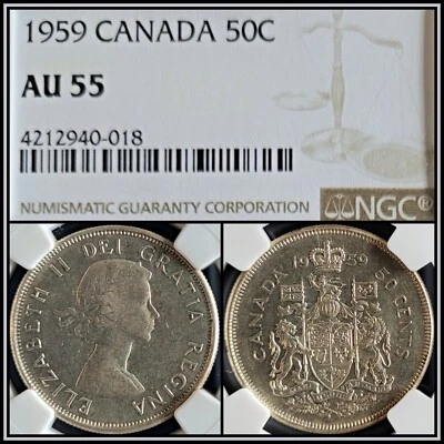 1959 Canada 50 Cents NGC AU 55 About Unc Silver Queen Elizabeth 50c Coin - Image 1 of 3