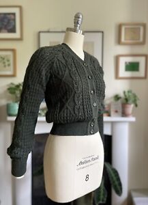 1940s Style Emmy Design Adorable Aran Cardigan Sweater Pine Green Merino Wool Xs