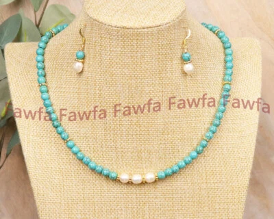 Conjunto de Brinco Colar Natural 4mm Azul Turquesa Gemas Redondas Pérolas Brancas Frisadas AA - Imagem 1 de 4