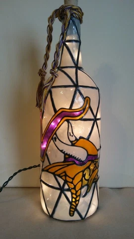 Minnesota Vikings Inspired Wine Bottle Lamp Hand Painted Lighted Stained Glass Cover
