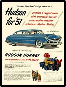 1951 Hudson Hornet New Metal Sign: Skyliner Styling in Blue, H-145 Engine