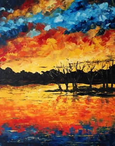 Michigan Sunset Painting Lake Original Art Impasto Painting 12 by 9 Landscape. - Picture 1 of 7